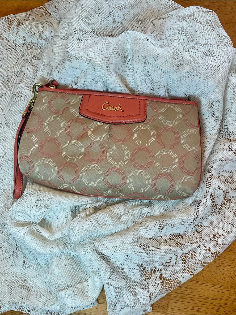 Coach Signature Canvas Coral Leather Wristlet Clutch Pouch